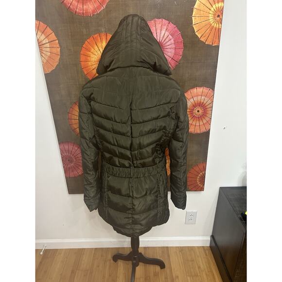 Army Green Belted Hooded Puffer Coat Longline Outdoor Adventure Snow Hike Sz M-L - Picture 4 of 9